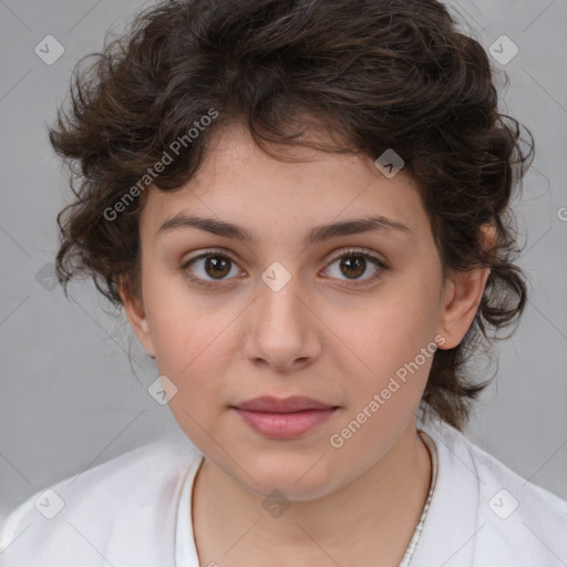 Joyful white child female with medium  brown hair and brown eyes