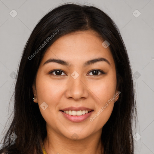 Joyful white young-adult female with long  brown hair and brown eyes