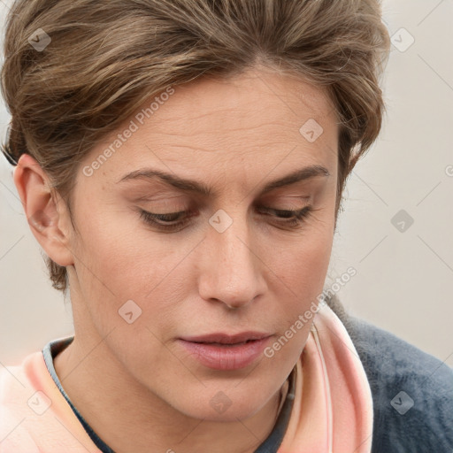 Joyful white adult female with medium  brown hair and blue eyes