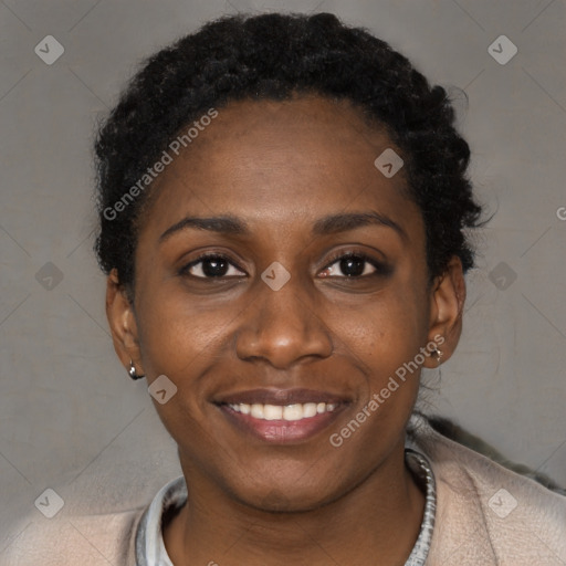 Joyful black young-adult female with short  black hair and brown eyes