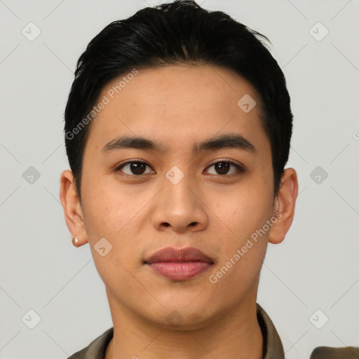 Joyful asian young-adult male with short  black hair and brown eyes