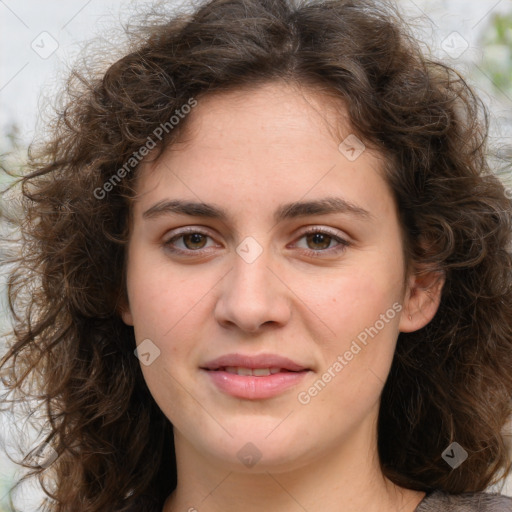 Joyful white young-adult female with long  brown hair and green eyes