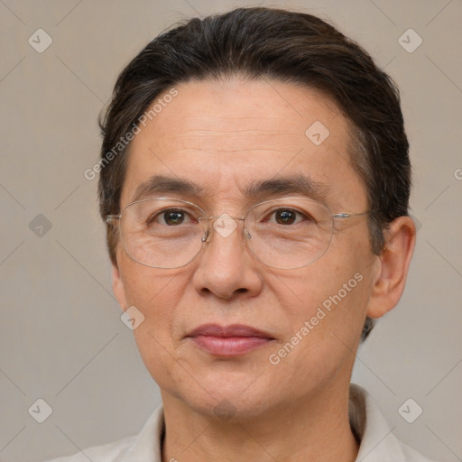 Joyful white middle-aged male with short  brown hair and brown eyes