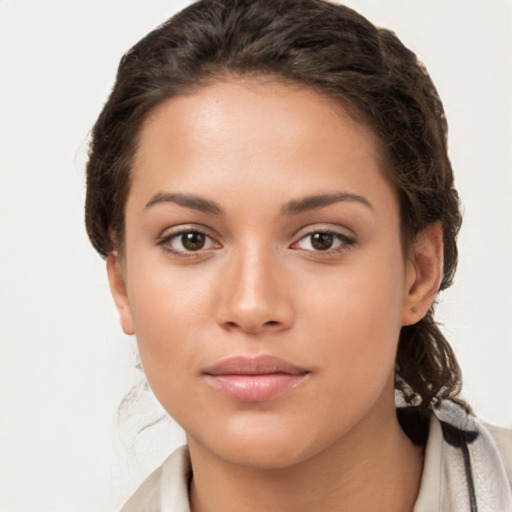 Neutral white young-adult female with medium  brown hair and brown eyes