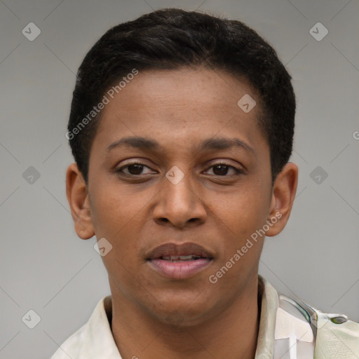 Joyful latino young-adult female with short  brown hair and brown eyes