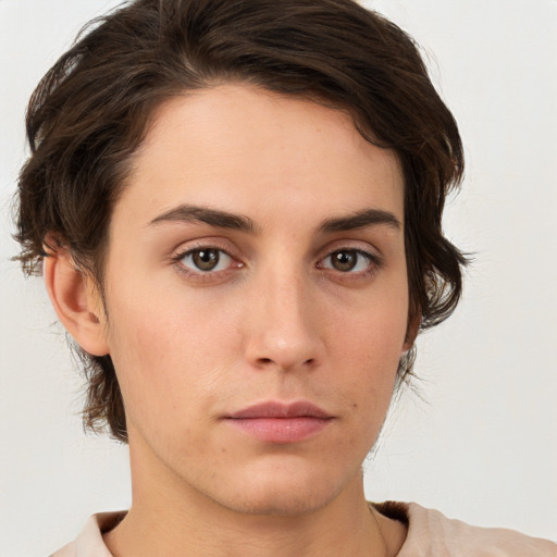 Neutral white young-adult female with short  brown hair and brown eyes