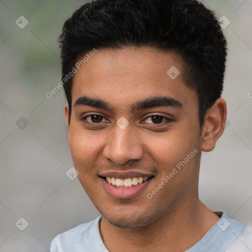 Joyful latino young-adult male with short  brown hair and brown eyes