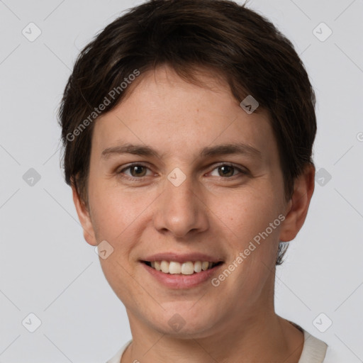 Joyful white young-adult female with short  brown hair and brown eyes