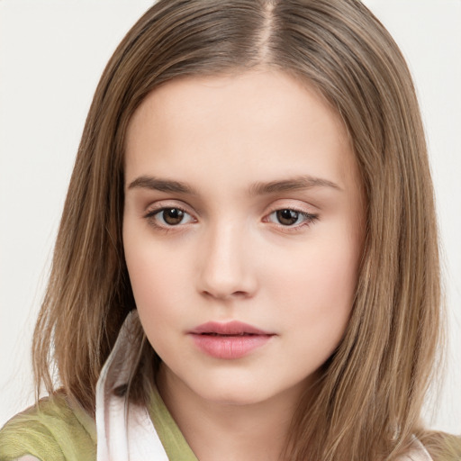 Neutral white child female with long  brown hair and brown eyes