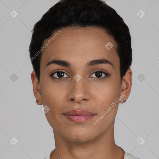 Neutral latino young-adult female with short  black hair and brown eyes