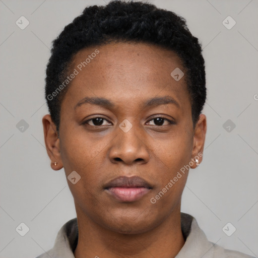 Neutral black young-adult female with short  black hair and brown eyes