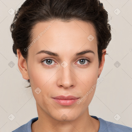 Neutral white young-adult female with short  brown hair and brown eyes