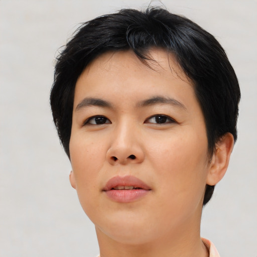 Neutral asian young-adult female with short  black hair and brown eyes