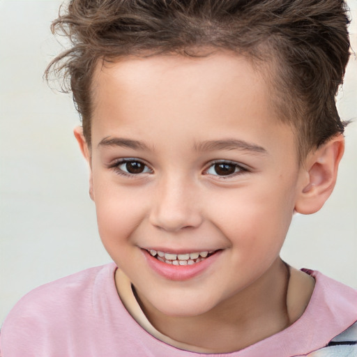 Joyful white child female with short  brown hair and brown eyes