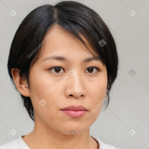 Neutral asian young-adult female with medium  brown hair and brown eyes