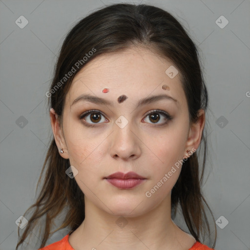 Neutral white young-adult female with medium  brown hair and brown eyes