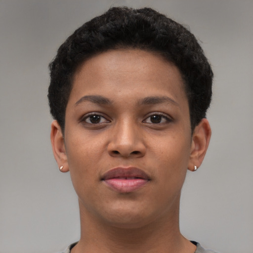 Neutral latino young-adult female with short  brown hair and brown eyes