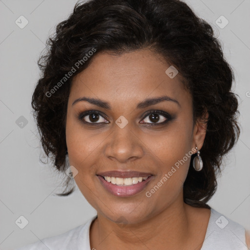 Joyful black young-adult female with medium  brown hair and brown eyes