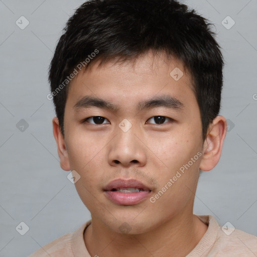 Neutral asian young-adult male with short  brown hair and brown eyes