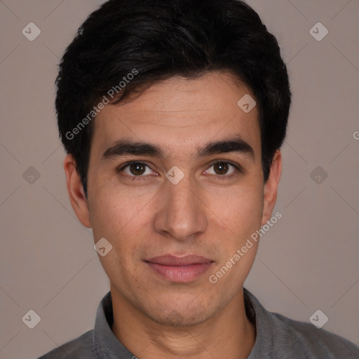 Joyful white young-adult male with short  black hair and brown eyes