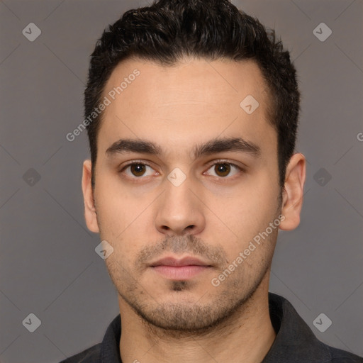 Neutral white young-adult male with short  black hair and brown eyes