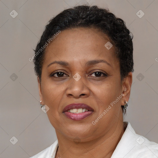 Joyful black adult female with short  brown hair and brown eyes