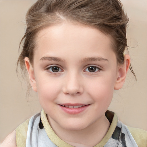 Joyful white child female with medium  brown hair and brown eyes