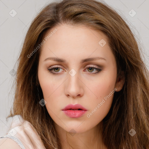 Neutral white young-adult female with long  brown hair and brown eyes