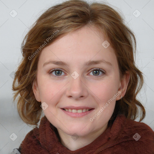 Joyful white young-adult female with medium  brown hair and blue eyes