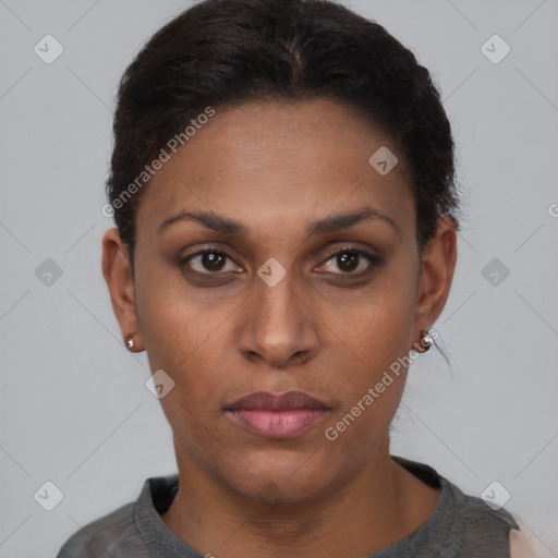 Neutral black young-adult female with short  brown hair and brown eyes