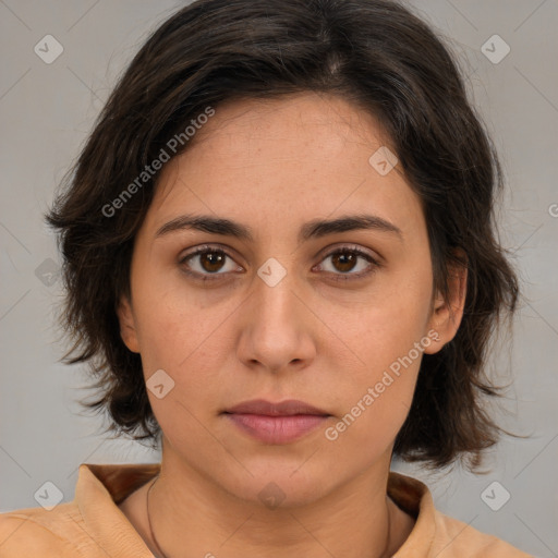 Neutral white young-adult female with medium  brown hair and brown eyes