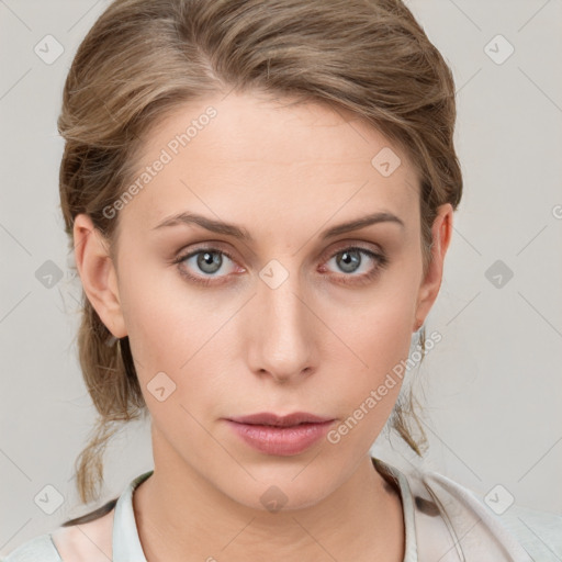 Neutral white young-adult female with medium  brown hair and grey eyes