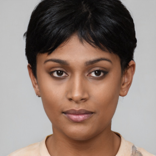 Neutral asian young-adult female with short  black hair and brown eyes