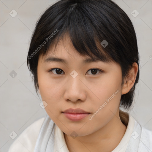 Neutral asian young-adult female with medium  brown hair and brown eyes