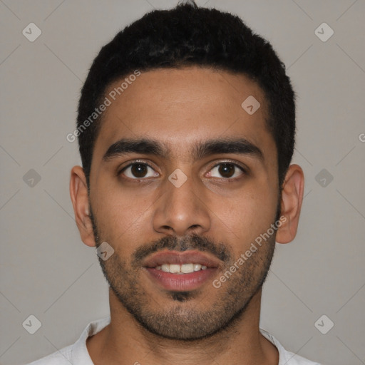 Neutral latino young-adult male with short  black hair and brown eyes