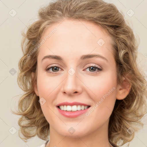 Joyful white young-adult female with medium  brown hair and green eyes