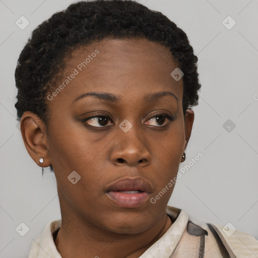 Neutral black young-adult female with short  brown hair and brown eyes