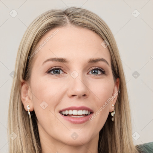 Joyful white young-adult female with long  brown hair and grey eyes