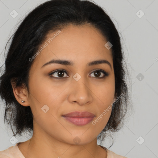 Joyful latino young-adult female with medium  brown hair and brown eyes