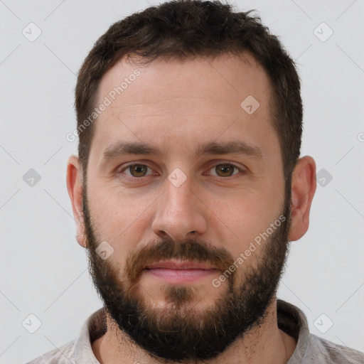 Neutral white young-adult male with short  brown hair and brown eyes