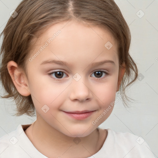 Joyful white child female with medium  brown hair and brown eyes