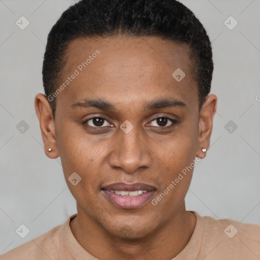 Joyful black young-adult male with short  black hair and brown eyes