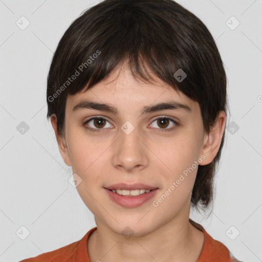 Joyful white young-adult female with medium  brown hair and brown eyes