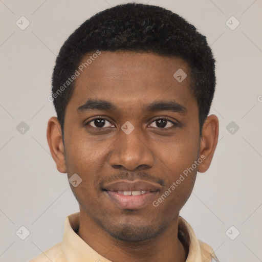 Joyful black young-adult male with short  black hair and brown eyes