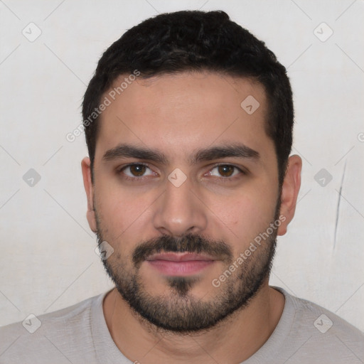 Neutral white young-adult male with short  black hair and brown eyes