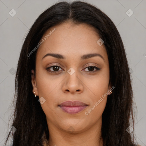 Joyful asian young-adult female with long  brown hair and brown eyes