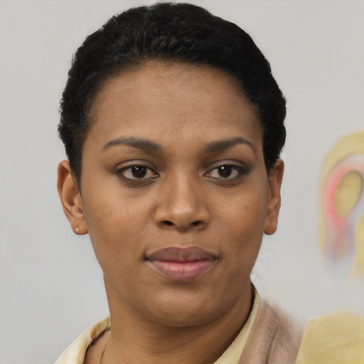 Joyful latino young-adult female with short  black hair and brown eyes