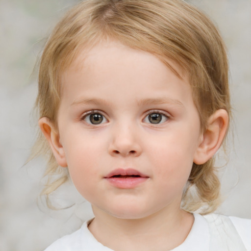 Neutral white child female with medium  brown hair and blue eyes