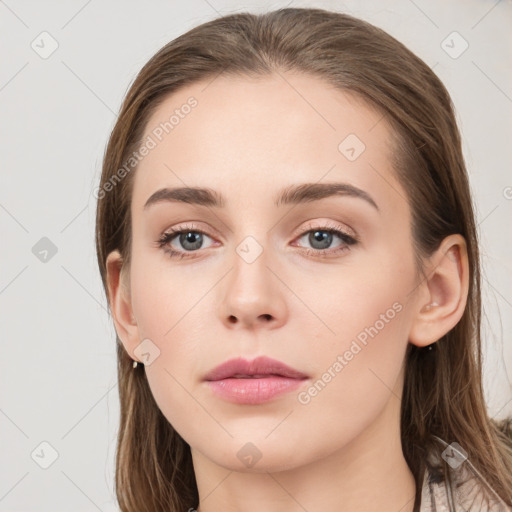 Neutral white young-adult female with long  brown hair and grey eyes