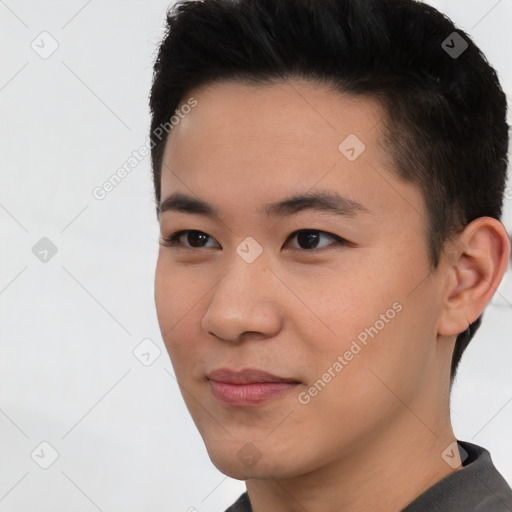 Neutral asian young-adult male with short  black hair and brown eyes